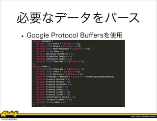 必要なデータをパース
              • Google Protocol Buﬀersを使用




13年2月18日月曜日
 