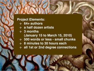 Project Elements:
    64+ authors
    a half dozen artists
    3 months
    (January 15 to March 15, 2010)
    500 words or less - small chunks
    8 minutes to 30 hours each
    all 1st or 2nd degree connections
 