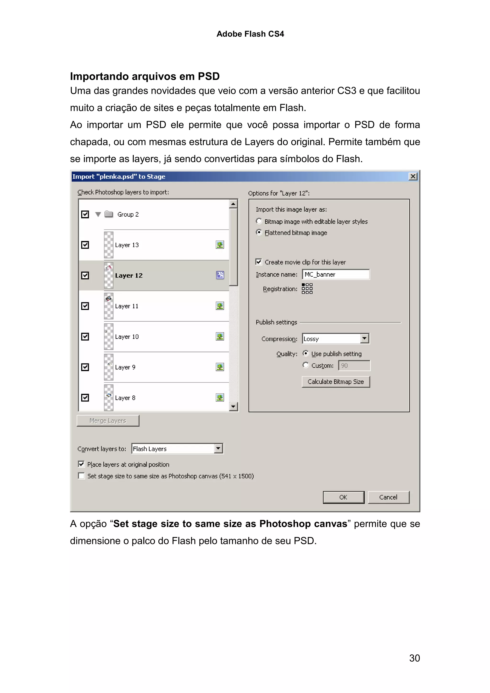 Adobe Flash CS4




Importando arquivos em PSD
Uma das grandes novidades que veio com a versão anterior CS3 e que facilitou
muito a criação de sites e peças totalmente em Flash.
Ao importar um PSD ele permite que você possa importar o PSD de forma
chapada, ou com mesmas estrutura de Layers do original. Permite também que
se importe as layers, já sendo convertidas para símbolos do Flash.




A opção “Set stage size to same size as Photoshop canvas” permite que se
dimensione o palco do Flash pelo tamanho de seu PSD.




                                                                         30
 