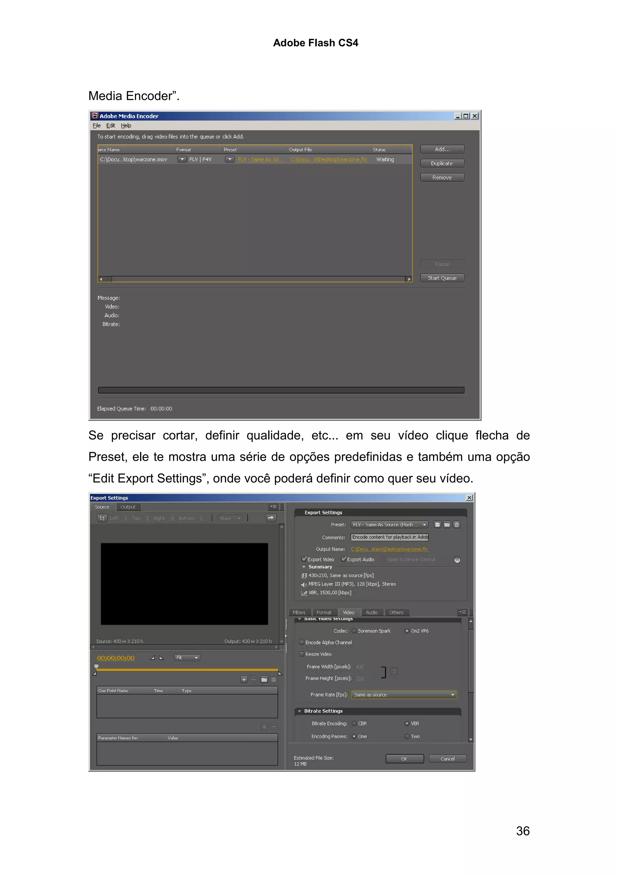 Adobe Flash CS4




Media Encoder”.




Se precisar cortar, definir qualidade, etc... em seu vídeo clique flecha de
Preset, ele te mostra uma série de opções predefinidas e também uma opção
“Edit Export Settings”, onde você poderá definir como quer seu vídeo.




                                                                        36
 