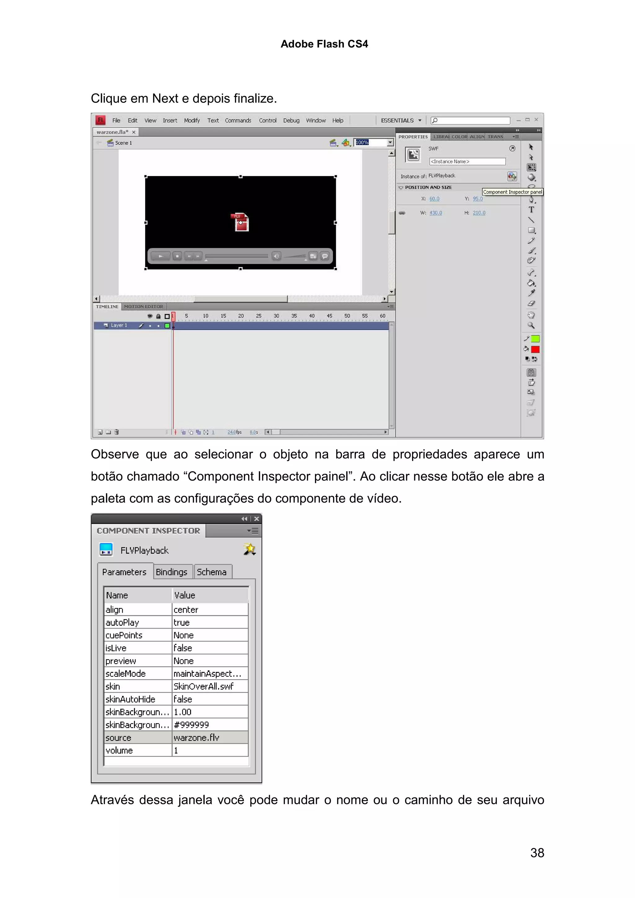 Adobe Flash CS4




Clique em Next e depois finalize.




Observe que ao selecionar o objeto na barra de propriedades aparece um
botão chamado “Component Inspector painel”. Ao clicar nesse botão ele abre a
paleta com as configurações do componente de vídeo.




Através dessa janela você pode mudar o nome ou o caminho de seu arquivo



                                                                         38
 