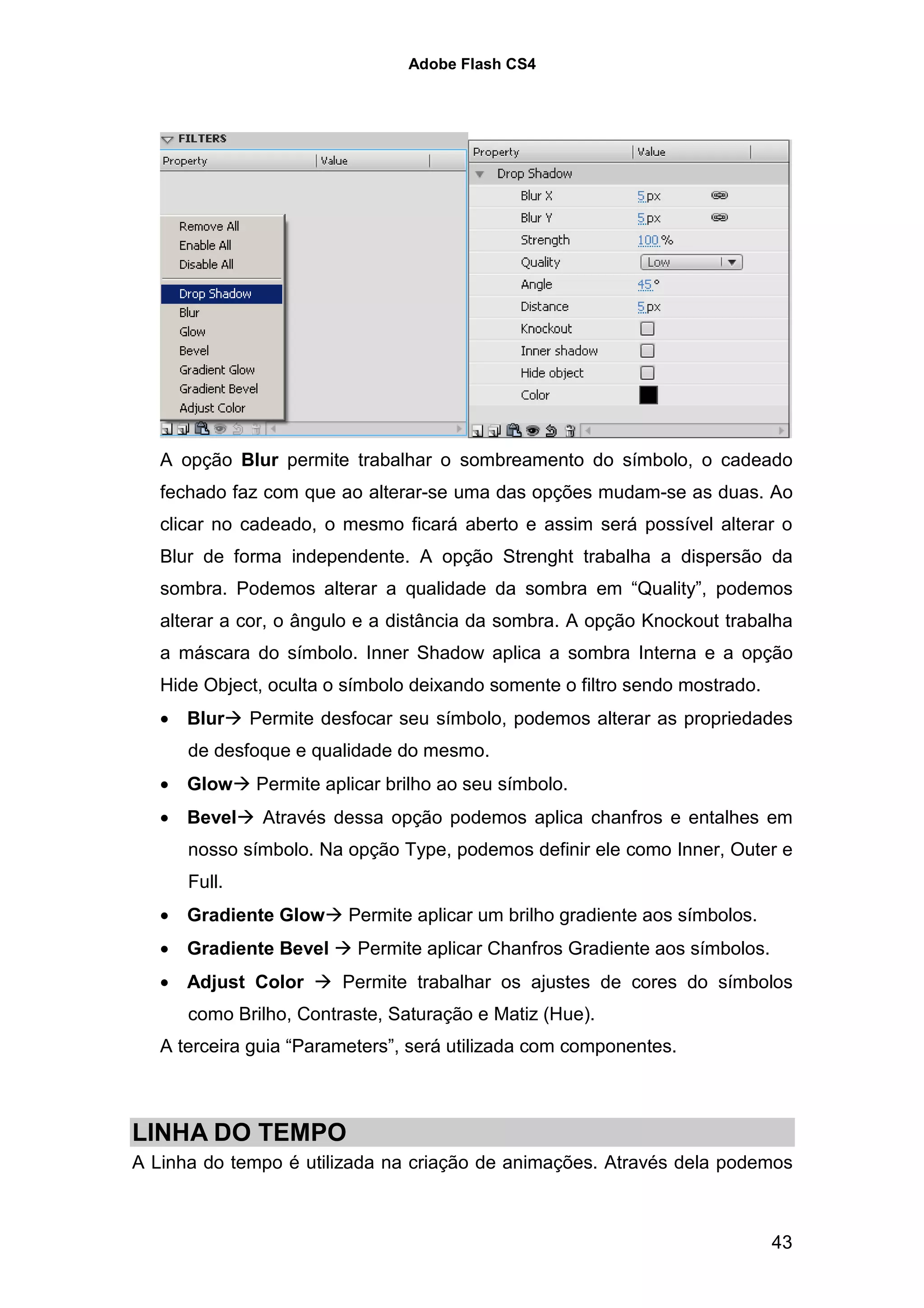 Adobe Flash CS4




   A opção Blur permite trabalhar o sombreamento do símbolo, o cadeado
   fechado faz com que ao alterar-se uma das opções mudam-se as duas. Ao
   clicar no cadeado, o mesmo ficará aberto e assim será possível alterar o
   Blur de forma independente. A opção Strenght trabalha a dispersão da
   sombra. Podemos alterar a qualidade da sombra em “Quality”, podemos
   alterar a cor, o ângulo e a distância da sombra. A opção Knockout trabalha
   a máscara do símbolo. Inner Shadow aplica a sombra Interna e a opção
   Hide Object, oculta o símbolo deixando somente o filtro sendo mostrado.
   • Blur     Permite desfocar seu símbolo, podemos alterar as propriedades
      de desfoque e qualidade do mesmo.
   • Glow     Permite aplicar brilho ao seu símbolo.
   • Bevel     Através dessa opção podemos aplica chanfros e entalhes em
      nosso símbolo. Na opção Type, podemos definir ele como Inner, Outer e
      Full.
   • Gradiente Glow      Permite aplicar um brilho gradiente aos símbolos.
   • Gradiente Bevel      Permite aplicar Chanfros Gradiente aos símbolos.
   • Adjust Color       Permite trabalhar os ajustes de cores do símbolos
      como Brilho, Contraste, Saturação e Matiz (Hue).
   A terceira guia “Parameters”, será utilizada com componentes.



LINHA DO TEMPO
A Linha do tempo é utilizada na criação de animações. Através dela podemos



                                                                             43
 