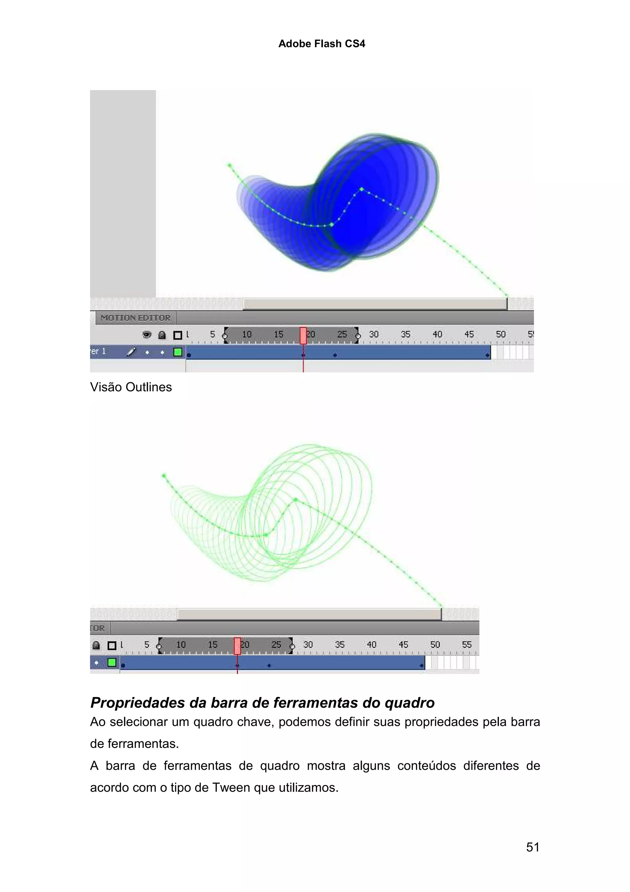 Adobe Flash CS4




Visão Outlines




Propriedades da barra de ferramentas do quadro
Ao selecionar um quadro chave, podemos definir suas propriedades pela barra
de ferramentas.
A barra de ferramentas de quadro mostra alguns conteúdos diferentes de
acordo com o tipo de Tween que utilizamos.



                                                                        51
 