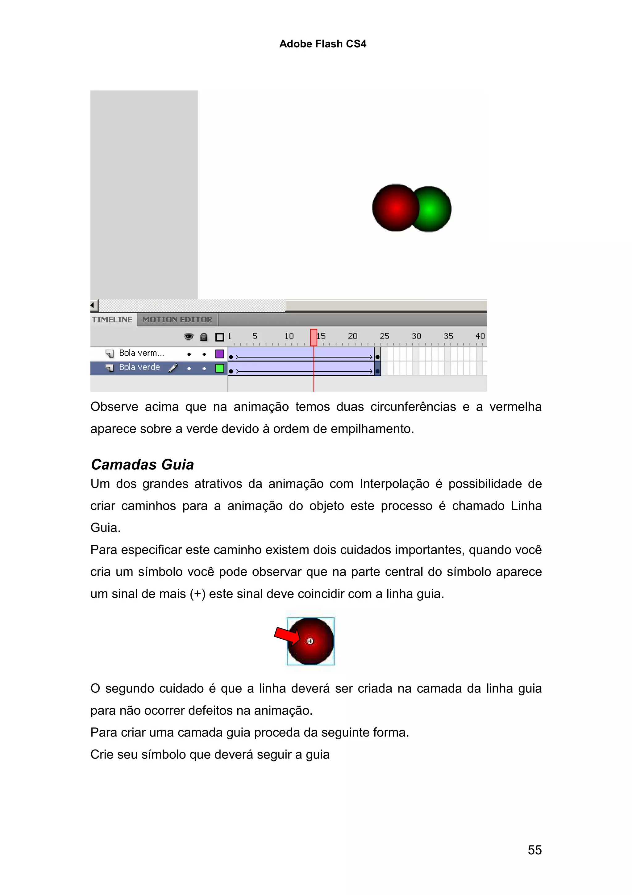 Adobe Flash CS4




Observe acima que na animação temos duas circunferências e a vermelha
aparece sobre a verde devido à ordem de empilhamento.

Camadas Guia
Um dos grandes atrativos da animação com Interpolação é possibilidade de
criar caminhos para a animação do objeto este processo é chamado Linha
Guia.
Para especificar este caminho existem dois cuidados importantes, quando você
cria um símbolo você pode observar que na parte central do símbolo aparece
um sinal de mais (+) este sinal deve coincidir com a linha guia.




O segundo cuidado é que a linha deverá ser criada na camada da linha guia
para não ocorrer defeitos na animação.
Para criar uma camada guia proceda da seguinte forma.
Crie seu símbolo que deverá seguir a guia




                                                                         55
 