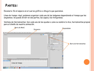 PARTES:
Escenario: Es el espacio en el cual se gráfica o dibuja lo que queremos.

Línea de tiempo: Aquí, podemos organizar cada una de las imágenes dependiendo el tiempo que les
asignemos. Se puede dividir en dos partes, las capas y los fotogramas.

Ventana de Herramientas: Son cada una de las ayudas o como su nombre lo dice, herramientas propias
para el diseño de nuestra animación.
             Barra de Menú
                                                                       Propiedades
                                    Escenario




                                                                                 Barra de Herramientas




         Línea de tiempo
 