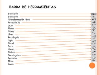 BARRA DE HERRAMIENTAS
Selección
Selección
Transformación libre
Rotación 3d
Lazo
Pluma
Texto
Línea
Rectángulo
Lápiz
Pincel
Deco
Hueso
Pintura
Cuentagotas
Borrador
Mano
Zoom
 