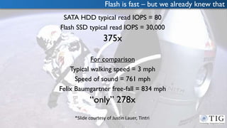 SATA HDD typical read IOPS = 80
Flash SSD typical read IOPS = 30,000
375x
For comparison
Typical walking speed = 3 mph
Spe...