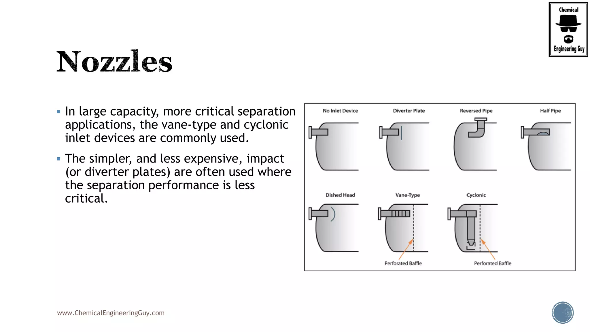 www.ChemicalEngineeringGuy.com
 In large capacity, more critical separation
applications, the vane-type and cyclonic
inlet devices are commonly used.
 The simpler, and less expensive, impact
(or diverter plates) are often used where
the separation performance is less
critical.
 