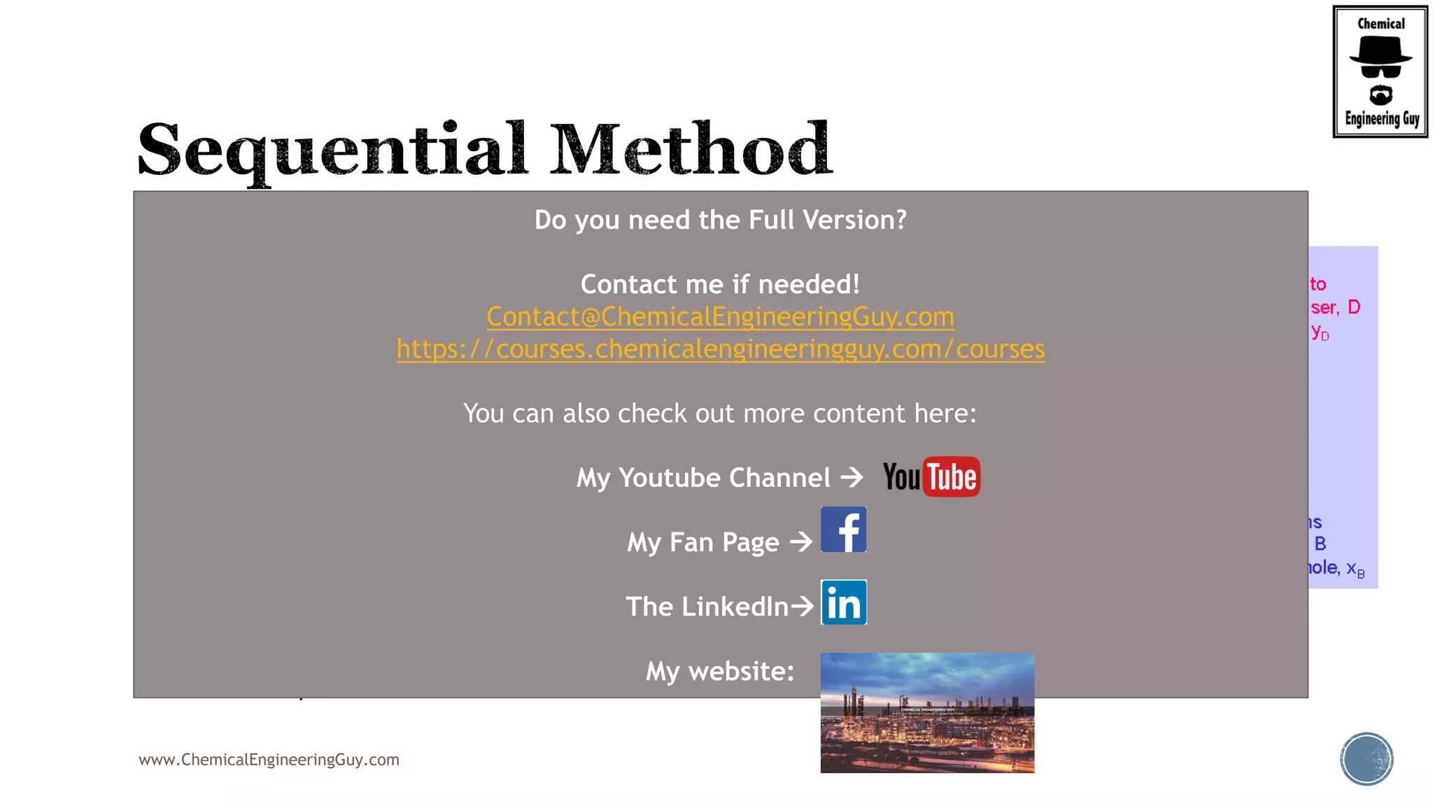 www.ChemicalEngineeringGuy.com
 Degrees of Freedom  6
 Variables 
 Feed Flow Rate, F
 Feed Composition, xF
 Temperature, T1
 Pressure, p1
 Remaining:
 Drum Pressure, Pdrum
 X  this is the interesting part!
 Vapor mole fraction, y
 Liquid mole fraction, x
 Fraction feed vaporized, f = V/F
 Fraction of feed remaining in liquid, q = L/F
 Temperature of the flash drum Tdrum
Do you need the Full Version?
Contact me if needed!
Contact@ChemicalEngineeringGuy.com
https://courses.chemicalengineeringguy.com/courses
You can also check out more content here:
My Youtube Channel 
My Fan Page 
The LinkedIn
My website:
 