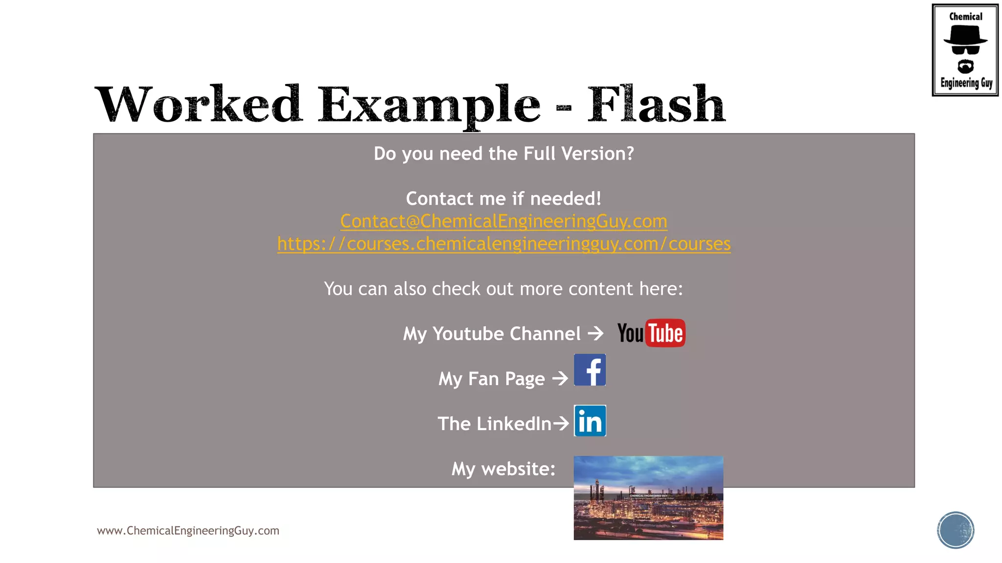 www.ChemicalEngineeringGuy.com
 Step 1 - Define Requirements
 Step 2 – Draw the x-y diagram
 Step 3 – Get Equilibrium data for ethanol-water system at P = 1 atm
 Step 4 – Solve for the given cases
Do you need the Full Version?
Contact me if needed!
Contact@ChemicalEngineeringGuy.com
https://courses.chemicalengineeringguy.com/courses
You can also check out more content here:
My Youtube Channel 
My Fan Page 
The LinkedIn
My website:
 