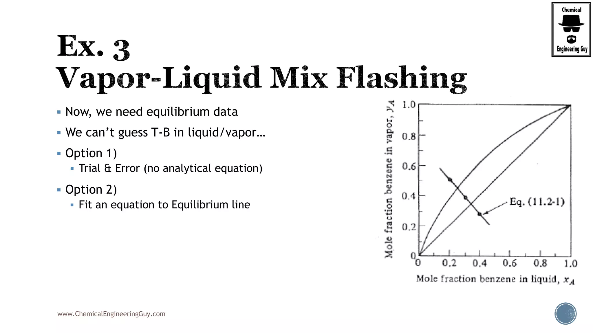 www.ChemicalEngineeringGuy.com
 Now, we need equilibrium data
 We can’t guess T-B in liquid/vapor…
 Option 1)
 Trial & Error (no analytical equation)
 Option 2)
 Fit an equation to Equilibrium line
 