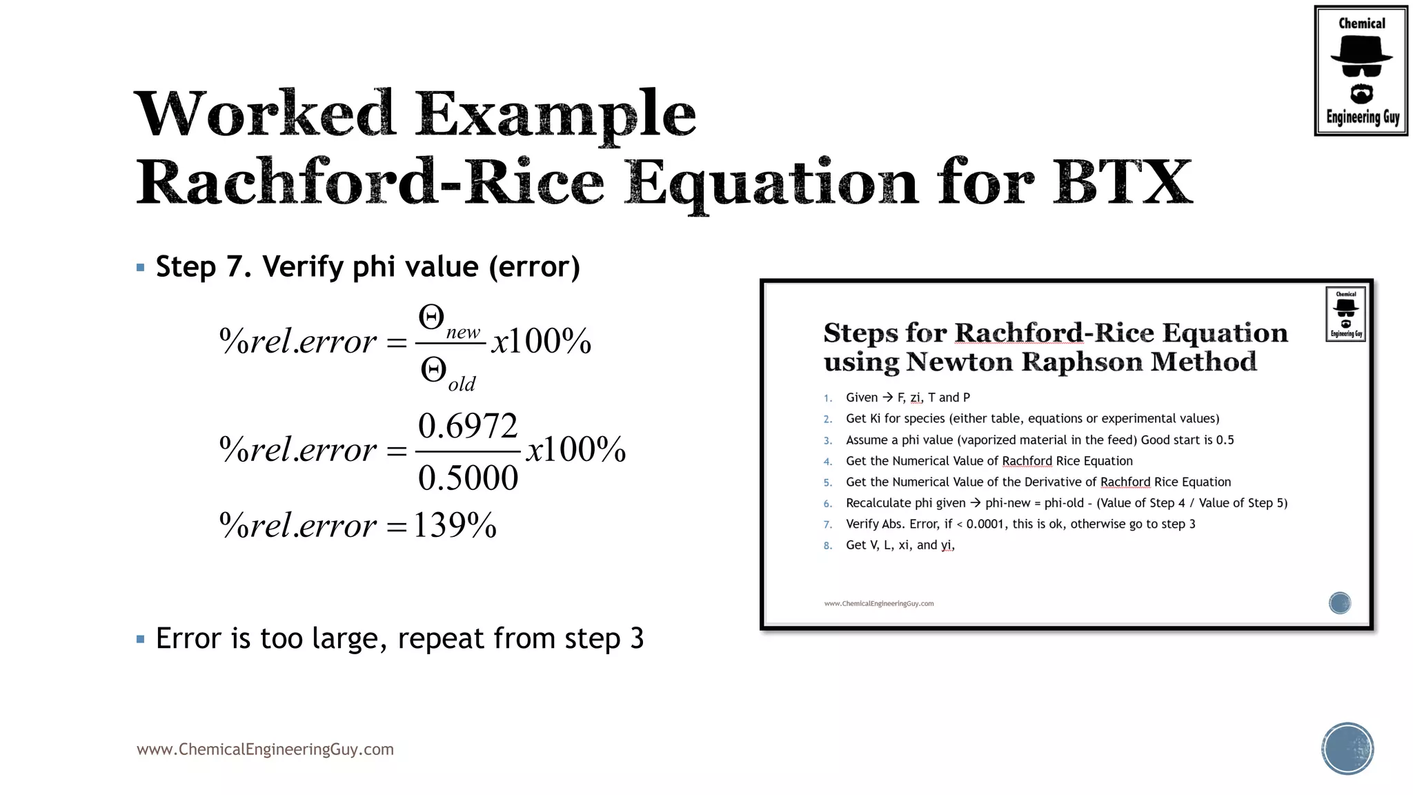 www.ChemicalEngineeringGuy.com
 Step 7. Verify phi value (error)
 Error is too large, repeat from step 3
% . 100%
0.6972
% . 100%
0.5000
% . 139%
new
old
rel error x
rel error x
rel error





 