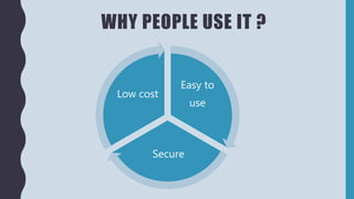WHY PEOPLE USE IT ?
Easy to
use
Secure
Low cost
 