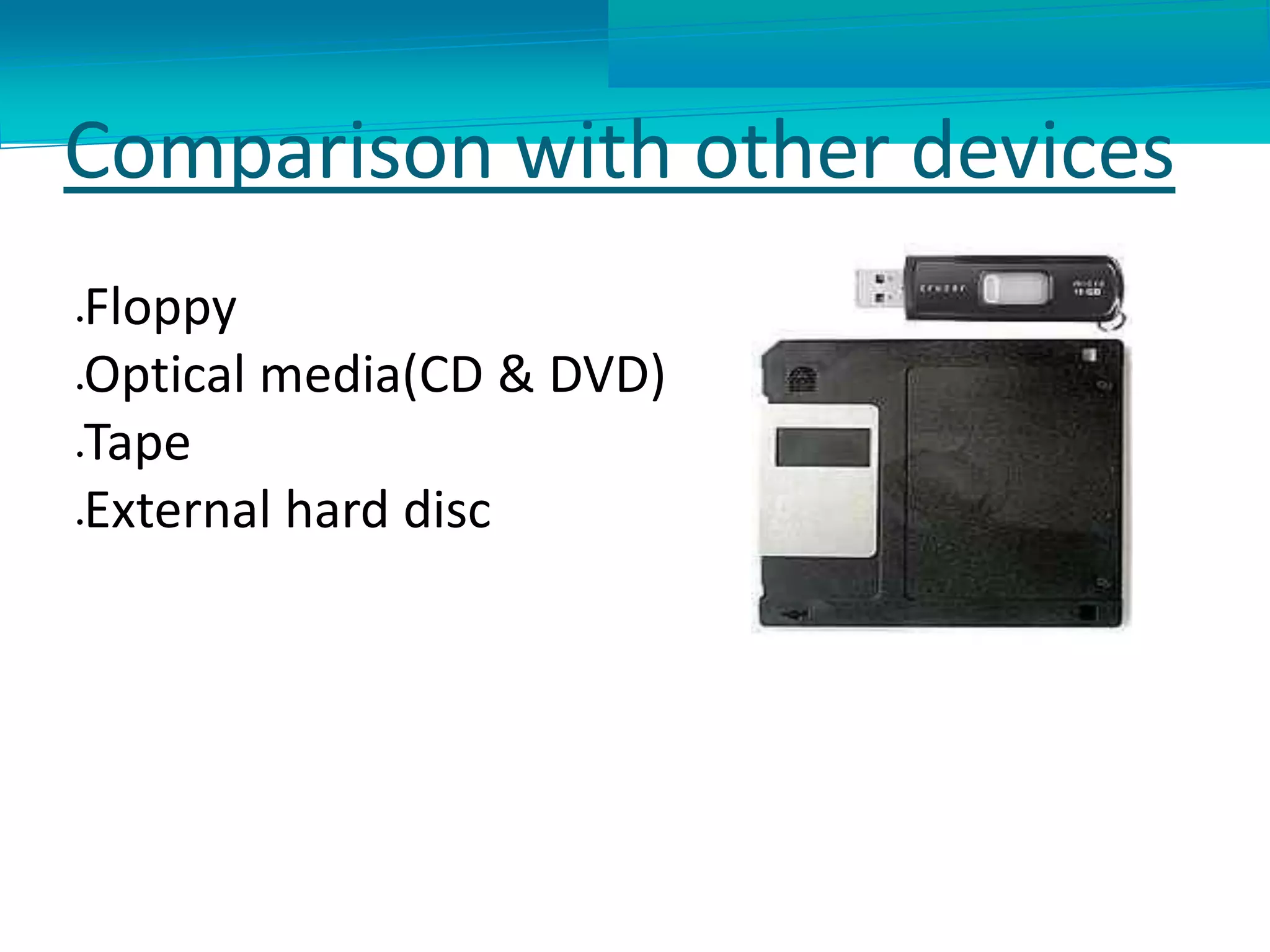Comparison with other devices
Floppy
Optical media(CD & DVD)
Tape
External hard disc
 