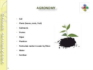 91
AGRONOMY
 Soil
 Plants (leaves, roots, fruit)
 Sediments
 Humus
 Algae
 Plankton
 Particulate matter in water by filters
 Water
 Fertilizer
 