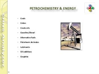 92
PETROCHEMISTRY & ENERGY
 Coals
 Cokes
 Crude oils
 Gasoline/Diesel
 Alternative fuels
 Petroleum derivates
 Lubricants
 Oil additives
 Graphite
 