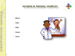 93
HUMAN & ANIMAL SAMPLES
 Blood
 Hairs
 Nails
 Serum
 Urine
 