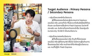 Target Audience : Primary Persona
/ Secondary Persona
- กลุ่มเป้าหมายหลักในเวียดนาม
ผู้ที่ซื้อของออนไลน์และผู้ประกอบการ ในรูปแบบ
ออนไลน์ หรือ บุคคลทั่วไป ที่ไม่สะดวกไปรับส่งพัสดุได้ด้วย
ตัวเอง และต้องการใช้บริการ Flash Express ในราคาที่
ประหยัด และ มีบริการที่แตกต่างจากเจ้าอื่น โดยกลุ่มเป้า
หมายจะอายุ 16-60 ปี เป็นคนเวียดนาม
- กลุ่มเป้าหมายรองในเวียดนาม
ผู้ที่ไม่ซื้อของออนไลน์ หรือ ร้านค้าที่ไม่ขายของ
ออนไลน์ หรือ ผู้ที่มีอายุ 60 ปีขึ้นไป ไม่มีความรู้ในด้านการ
ซื้อของออนไลน์ หรือ คนต่างชาติที่อาศัยอยู่ในเวียดนาม
และ คนที่ไม่รู้จัก Flash Express
Vietnam
 