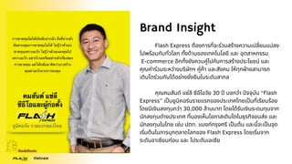 Brand Insight
Flash Express ต้องการที่จะร่วมสร้างความเปลี่ยนแปลง
ไปพร้อมกับทั่วโลก ทั้งด้านของเทคโนโลยี และ อุตสาหกรรม
E-commerce อีกทั้งยังควบคู่ไปกับการสร้างประโยชน์ และ
คุณค่าร่วมระหว่างบริษัทฯ คู่ค้า และสังคม ให้ทุกฝ่ายสามารถ
เติบโตร่วมกันได้อย่างยั่งยืนในระดับสากล
คุณคมสันต์ แซ่ลี ซีอีโอวัย 30 ปี บอกว่า ปัจจุบัน “Flash
Express” เป็นยูนิคอร์นรายแรกของประเทศไทยเป็นที่เรียบร้อย
โดยมีเงินลงทุนกว่า 30,000 ล้านบาท โดยได้รับเงินระดมทุนจาก
นักลงทุนต่างประเทศ ที่มองเห็นโอกาสเติบโตในธุรกิจขนส่ง​และ
นักลงทุนในไทย เช่น ปตท. แบงก์กรุงศรี เป็นต้น และนี้จะเป็นจุด
เริ่มต้นในการบุกตลาดโลกของ Flash Express โดยเริ่มจาก
ระดับอาเซียนก่อน และ ไประดับเอเซีย
Vietnam
 