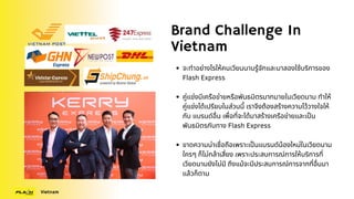 Brand Challenge In
Vietnam
จะทำอย่างไรให้คนเวียนนามรู้จักและมาลองใช้บริการของ
Flash Express
คู่แข่งมีเครือข่ายหรือพันธมิตรมากมายในเวียดนาม ทำให้
คู่แข่งได้เปรียบในส่วนนี้ เราจึงต้องสร้างความไว้วางใจให้
กับ แบรนด์อื่น เพื่อที่จะได้มาสร้างเครือข่ายและเป็น
พันธมิตรกับทาง Flash Express
ขาดความน่าเชื่อถือเพราะเป็นแบรนด์น้องใหม่ในเวียดนาม
ใครๆ ก็ไม่กล้าเสี่ยง เพราะประสบการณ์การให้บริการที่
เวียดนามยังไม่มี ถึงแม้จะมีประสบการณ์การจากที่อื่นมา
แล้วก็ตาม
Vietnam
 