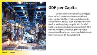 GDP per Capita
ประชากรของเวียดนาม ประชากร ส่วนใหญ่ของ
เวียดนามทำงาน ในอุตสาหกรรมเกษตรกรรมหรือการ
บริการ และประเทศนี้มี อัตราการว่างงานต่ำที่สุดแห่งหนึ่ง
ของโลกที่เพียง 1.8% ในปี 2561 ประชากรมีอายุค่อนข้าง
น้อย โดย คาดว่า อายุมัธยฐานจะสูงถึง 32.5 ปีภายในปี
2566 . อายุมัธยฐานเพิ่มขึ้นอย่างมากจากจุดต่ำสุดที่ 18.2
ปีในปี 1970 ในช่วงเวลาที่เวียดนามถูกทำลายล้างด้วย
สงคราม ตั้งแต่นั้นมาประชากร ของประเทศ ก็เพิ่มขึ้นเช่นกัน
โดยมีจำนวนมากกว่า 94 ล้านคนในปี 2018
Vietnam
 
