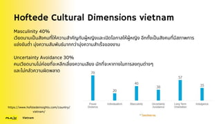 Hoftede Cultural Dimensions vietnam
Masculinity 40%
เวียดนามเป็นสังคมที่ให้ความสำคัญกับผู้หญิงและเปิดโอกาสให้ผู้หญิง อีกทั้งเป็นสังคมที่มีสภาพการ
แข่งขันต่ำ มุ่งความสัมพันธ์มากกว่ามุ่งความสำเร็จของงาน
Uncertainty Avoidance 30%
คนเวียดนามไม่ค่อยที่จะหลีกเลี่ยงความเสียง มักที่จะหาทางในการลงทุนต่างๆ
และไม่กลัวความผิดพลาด
https://www.hofstedeinsights.com/country/
vietnam/
Vietnam
 