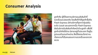 Consumer Analysis
Vietnam
ลูกค้าคือ ผู้ที่ต้องการบริการขนส่งสินค้าที่
รวดเร็วและปลอดภัย โดยสิ่งที่ทำให้ลูกค้าซื้อคือ
Flash Express มีค่าบริการที่ถูกกว่าคู่แข่งใน
ระดับ Local และนอกจากนั้น Flash Express
ยังมีบริการรับส่งสินค้าถึงหน้าบ้านลูกค้า เพื่อให้
ลูกค้าเข้าถึงได้ง่าย มีสาขาอยู่ทั่วประเทศ ที่อยู่ใน
รูปแบบตัวแทนจำหน่าย สิ่งนี้จึงตอบโจทย์ คน
เวียดนามที่เป็นคนชอบความรวดเร็วและสะดวก
สบาย
 