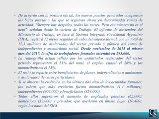 • De acuerdo con la postura oficial, los nuevos puestos generados compensan
las bajas previas y las que se registran ahora en determinadas ramas de
actividad. "Siempre hay despidos, todos los meses. Pero ese número no es el
neto", señalan desde la cartera de Trabajo. El informe de noviembre del
Ministerio de Trabajo, en base al Sistema Integrado Previsional Argentino
(SIPA), registró 12 meses seguidos de suba del empleo formal, con un total de
12,3 millones de asalariados del sector privado y público así como de
independientes y monotributo social. Desde noviembre de 2015 al mismo
mes del 2017, la cifra de trabajadores formales ascendió en 293.000.
• La radiografía actual refleja que los asalariados registrados del sector
privado representan el 51% del total, el empleo estatal el 26% y los
monotributistas el 13%.
• El resto se reparte entre beneficiarios de planes, independientes o autónomos
y asalariados de casas particulares.
• Si se observa la evolución en los últimos dos años de los ocupados formales,
los rubros que más crecieron fueron monotributistas (1,4 millones),
independientes (409.000) y beneficiarios (354.000).
• Todos ellos superaron el aumento de empleados públicos (62.000),
domésticos (32.000) y privados, que quedaron en último lugar (10.400),
según los datos del SIPA.
 