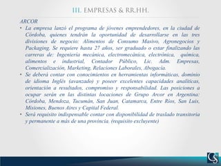ARCOR
• La empresa lanzó el programa de jóvenes emprendedores, en la ciudad de
Córdoba, quienes tendrán la oportunidad de desarrollarse en las tres
divisiones de negocio: Alimentos de Consumo Masivo, Agronegocios y
Packaging. Se requiere hasta 27 años, ser graduado o estar finalizando las
carreras de: Ingeniería mecánica, electromecánica, electrónica, química,
alimentos e industrial, Contador Público, Lic. Adm. Empresas,
Comercialización, Marketing, Relaciones Laborales, Abogacía.
• Se deberá contar con conocimientos en herramientas informáticas, dominio
de idioma Inglés (avanzado) y poseer excelentes capacidades analíticas,
orientación a resultados, compromiso y responsabilidad. Las posiciones a
ocupar serán en las distintas locaciones de Grupo Arcor en Argentina:
Córdoba, Mendoza, Tucumán, San Juan, Catamarca, Entre Ríos, San Luis,
Misiones, Buenos Aires y Capital Federal.
• Será requisito indispensable contar con disponibilidad de traslado transitoria
y permanente a más de una provincia. (requisito excluyente)
 
