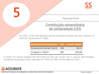 Em 2015 ,a CES será aplicável apenas a pensões mensais de valor superior a € 4.611,42 (atualmente, € 1.000). 
Segurança Social 
5 
SS 
Contribuição extraordinária de solidariedade (CES) 
Pensão mensal Bruta (euros) 
Taxa 
Parcela a abater 
De mais de 4.611,42 até 7.126,74 
15% 
691,71 
Se superior a 7.126,74 
40% 
2.473,40 
É criado um regime gradual de eliminação da CES, de acordo com o qual as percentagens constantes do quadro serão reduzidas em 50% em 2016 e eliminadas em 2017. 
CORPORATE FINANCE| CONTABILIDADE | CONSULTORIA | RECURSOS HUMANOS www.accurate.pt  