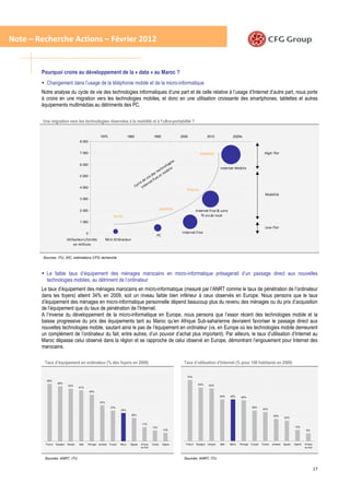 Note – Recherche Actions – Février 2012


        Pourquoi croire au développement de la « data » au Maroc ?
           Changement dans l’usage de la téléphonie mobile et de la micro-informatique
        Notre analyse du cycle de vie des technologies informatiques d’une part et de celle relative à l’usage d’Internet d’autre part, nous porte
        à croire en une migration vers les technologies mobiles, et donc en une utilisation croissante des smartphones, tablettes et autres
        équipements multimédias au détriments des PC.

         Une migration vers les technologies réservées à la mobilité et à l’ultra-portabilité ?


                                                          1970                      1980                   1990                       2000                  2010                 2020e
                                       8 000


                                       7 000                                                                                                         Mobilité                                                 High-Tier

                                                                                                                                  s
                                                                                                                              gi e
                                       6 000
                                                                                                                 ol o
                                                                                                               hn i l e                                               Internet Mobile
                                                                                                          s tec ob
                                       5 000                                                            de e t m
                                                                                                    vi e x e
                                                                                                  de et fi
                                                                                             c l e rn
                                       4 000                                               Cy I nte
                                                                                                                                         Vitesse
                                                                                                                                                                                                               Mobilité
                                       3 000


                                       2 000                                                                       Stabilité                      Internet Fixe & sans
                                                                      Accès                                                                           fil accès local
                                       1 000
                                                                                                                                                                                                               Low-Tier
                                                0                                                                                      Internet Fixe
                                                                                                              PC
                             Utilisateurs/Unités                Mini Ordinateur
                                  en millions


         Sources: ITU, IDC, estimations CFG recherche



           Le faible taux d’équipement des ménages marocains en micro-informatique présagerait d’un passage direct aux nouvelles
           technologies mobiles, au détriment de l’ordinateur
        Le taux d’équipement des ménages marocains en micro-informatique (mesuré par l’ANRT comme le taux de pénétration de l’ordinateur
        dans les foyers) atteint 34% en 2009, soit un niveau faible bien inférieur à ceux observés en Europe. Nous pensons que le taux
        d’équipement des ménages en micro-informatique personnelle dépend beaucoup plus du revenu des ménages ou du prix d’acquisition
        de l’équipement que du taux de pénétration de l’Internet.
        A l’inverse du développement de la micro-informatique en Europe, nous pensons que l’essor récent des technologies mobile et la
        baisse progressive du prix des équipements tant au Maroc qu’en Afrique Sub-saharienne devraient favoriser le passage direct aux
        nouvelles technologies mobile, sautant ainsi le pas de l’équipement en ordinateur (vs. en Europe où les technologies mobile demeurent
        un complément de l’ordinateur du fait, entre autres, d’un pouvoir d’achat plus important). Par ailleurs, le taux d’utilisation d’Internet au
        Maroc dépasse celui observé dans la région et se rapproche de celui observé en Europe, démontrant l’engouement pour Internet des
        marocains.

          Taux d’équipement en ordinateur (% des foyers en 2009)                                                                        Taux d’utilisation d’Internet (% pour 100 habitants en 2009)

                                                                                                                                          72%
           69%
                    66%
                              63%                                                                                                                  63%       62%
                                       61%
                                                    56%
                                                                                                                                                                      49%      49%      48%
                                                          43%

                                                                   37%                                                                                                                             36%
                                                                            34%                                                                                                                              34%

                                                                                      28%                                                                                                                              26%
                                                                                                                                                                                                                                 24%

                                                                                                17%
                                                                                                         13%                                                                                                                              13%
                                                                                                                     10%                                                                                                                             9%




          France   Espagne   Hongrie   Italie   Portugal Jordanie Turquie   Maroc    Egypte    Afrique   Tunisie    Algerie              France   Espagne   Hongrie   Italie   Maroc   Portugal   Turquie   Tunisie   Jordanie   Egypte   Algerie   Afrique
                                                                                               du Sud                                                                                                                                               du Sud



          Sources: ANRT, ITU                                                                                                            Sources: ANRT, ITU


                                                                                                                                                                                                                                                              17
 
