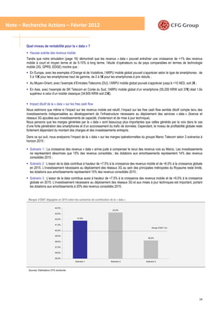 Note – Recherche Actions – Février 2012


        Quel niveau de rentabilité pour la « data » ?
          Hausse avérée des revenus mobile
        Tandis que notre simulation (page 16) démontrait que les revenus « data » pouvait entraîner une croissance de +1% des revenus
        mobile à court et moyen terme et de 5-10% à long terme, l’étude d’opérateurs ou de pays comparables en termes de technologie
        mobile (3G, GPRS, EDGE) montre que :
          En Europe, avec les exemples d’Orange et de Vodafone, l’ARPU mobile global pouvait s’apprécier selon le type de smartphones : de
          5 à 10€ pour les smartphones haut de gamme, de 2 à 5€ pour les smartphones à prix réduits ;
          Au Moyen-Orient, avec l’exemple d’Emirates Telecoms (DU), l’ARPU mobile global pouvait s’apprécier jusqu’à +10 AED, soit 2€ ;
          En Asie, avec l’exemple de SK Telecom en Corée du Sud, l’ARPU mobile global d’un smartphone (55,200 KRW soit 37€) était 1.6x
          supérieur à celui d’un mobile classique (34,600 KRW soit 23€).

          Impact dilutif de la « data » sur les free cash flow
        Nous estimons que même si l’impact sur les revenus mobile est relutif, l’impact sur les free cash flow semble dilutif compte tenu des
        investissements indispensables au développement de l’infrastructure nécessaire au déploiement des services « data » (licence et
        réseaux 3G ajoutées aux investissements de capacité, d’extension et de mise à jour technique).
        Nous pensons que les marges générées par la « data » sont beaucoup plus importantes que celles générés par la voix dans le cas
        d’une forte pénétration des smartphones et d’un accroissement du trafic de données. Cependant, le niveau de profitabilité globale reste
        fortement dépendant du montant des charges et des investissements entrepris.
        Dans ce qui suit, nous analysons l’impact de la « data » sur les marges opérationnelles du groupe Maroc Telecom selon 3 scénarios à
        horizon 2015 :

          Scénario 1 : La croissance des revenus « data » arrive juste à compenser le recul des revenus voix au Maroc. Les investissements
          ne représentent désormais que 15% des revenus consolidés ; les dotations aux amortissements représentent 14% des revenus
          consolidés 2015 ;
          Scénario 2 : L’essor de la data contribue à hauteur de +7.5% à la croissance des revenus mobile et de +6.0% à la croissance globale
          en 2015. L’investissement nécessaire au déploiement des réseaux 3G au sein des principales métropoles du Royaume reste limité,
          les dotations aux amortissements représentent 15% des revenus consolidés 2015 ;
          Scénario 3 : L’essor de la data contribue aussi à hauteur de +7.5% à la croissance des revenus mobile et de +6.0% à la croissance
          globale en 2015. L’investissement nécessaire au déploiement des réseaux 3G et aux mises à jour techniques est important, portant
          les dotations aux amortissements à 20% des revenus consolidés 2015.


         Marges d’EBIT dégagées en 2015 selon les scénarios de contribution de la « data »

                                 44,0%
                                                                               43,2%
                                 43,0%

                                 42,0%            41,8%


                                 41,0%
                                                                                                        Marge d'EBIT 11e
                                 40,0%

                                 39,0%
                                                                                                     38,2%
                                 38,0%

                                 37,0%

                                 36,0%

                                 35,0%
                                                Scénario 1                   Scénario 2            Scénario 3



         Sources: Estimations CFG recherche




                                                                                                                                            24
 