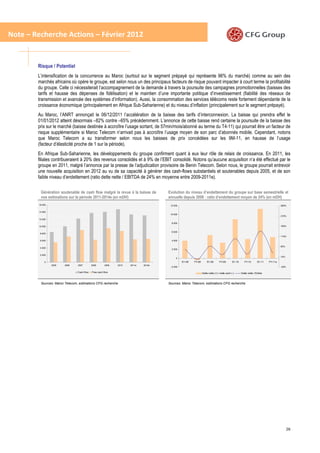 Note – Recherche Actions – Février 2012


        Risque / Potentiel
        L’intensification de la concurrence au Maroc (surtout sur le segment prépayé qui représente 96% du marché) comme au sein des
        marchés africains où opère le groupe, est selon nous un des principaux facteurs de risque pouvant impacter à court terme la profitabilité
        du groupe. Celle ci nécessiterait l’accompagnement de la demande à travers la poursuite des campagnes promotionnelles (baisses des
        tarifs et hausse des dépenses de fidélisation) et le maintien d’une importante politique d’investissement (fiabilité des réseaux de
        transmission et avancée des systèmes d’information). Aussi, la consommation des services télécoms reste fortement dépendante de la
        croissance économique (principalement en Afrique Sub-Saharienne) et du niveau d’inflation (principalement sur le segment prépayé).
        Au Maroc, l’ANRT annonçait le 06/12/2011 l’accélération de la baisse des tarifs d’interconnexion. La baisse qui prendra effet le
        01/01/2012 atteint désormais –82% contre –65% précédemment. L’annonce de cette baisse rend certaine la poursuite de la baisse des
        prix sur le marché (baisse destinée à accroître l’usage sortant, de 57min/mois/abonné au terme du T4-11) qui pourrait être un facteur de
        risque supplémentaire si Maroc Telecom n’arrivait pas à accroître l’usage moyen de son parc d’abonnés mobile. Cependant, notons
        que Maroc Telecom a su transformer selon nous les baisses de prix concédées sur les 9M-11, en hausse de l’usage
        (facteur d’élasticité proche de 1 sur la période).
        En Afrique Sub-Saharienne, les développements du groupe confirment quant à eux leur rôle de relais de croissance. En 2011, les
        filiales contribueraient à 20% des revenus consolidés et à 9% de l’EBIT consolidé. Notons qu’aucune acquisition n’a été effectué par le
        groupe en 2011, malgré l’annonce par la presse de l’adjudication provisoire de Benin Telecom. Selon nous, le groupe pourrait entrevoir
        une nouvelle acquisition en 2012 au vu de sa capacité à générer des cash-flows substantiels et soutenables depuis 2005, et de son
        faible niveau d’endettement (ratio dette nette / EBITDA de 24% en moyenne entre 2009-2011e).

         Génération soutenable de cash flow malgré la revue à la baisse de           Evolution du niveau d’endettement du groupe sur base semestrielle et
         nos estimations sur la période 2011-2014e (en mDH)                          annuelle depuis 2008 : ratio d’endettement moyen de 24% (en mDH)
        16 000                                                                        12 000                                                                                         260%

        14 000
                                                                                      10 000
                                                                                                                                                                                     210%
        12 000
                                                                                       8 000
        10 000                                                                                                                                                                       160%

                                                                                       6 000
         8 000
                                                                                                                                                                                     110%
         6 000                                                                         4 000

                                                                                                                                                                                     60%
         4 000
                                                                                       2 000

         2 000
                                                                                                                                                                                     10%
                                                                                          0
            0                                                                                  S1-08   FY-08       S1-09        FY-09        S1-10      FY-10       S1-11   FY-11e
                 2005   2006    2007        2008       2009   2010   2011e   2012e
                                                                                      -2 000                                                                                         -40%

                                Cash flow   Free cash flow                                                     Dette nette (+) / nette cash (-)      Dette nette / Ebitda



         Sources: Maroc Telecom, estimations CFG recherche                           Sources: Maroc Telecom, estimations CFG recherche




                                                                                                                                                                                            26
 