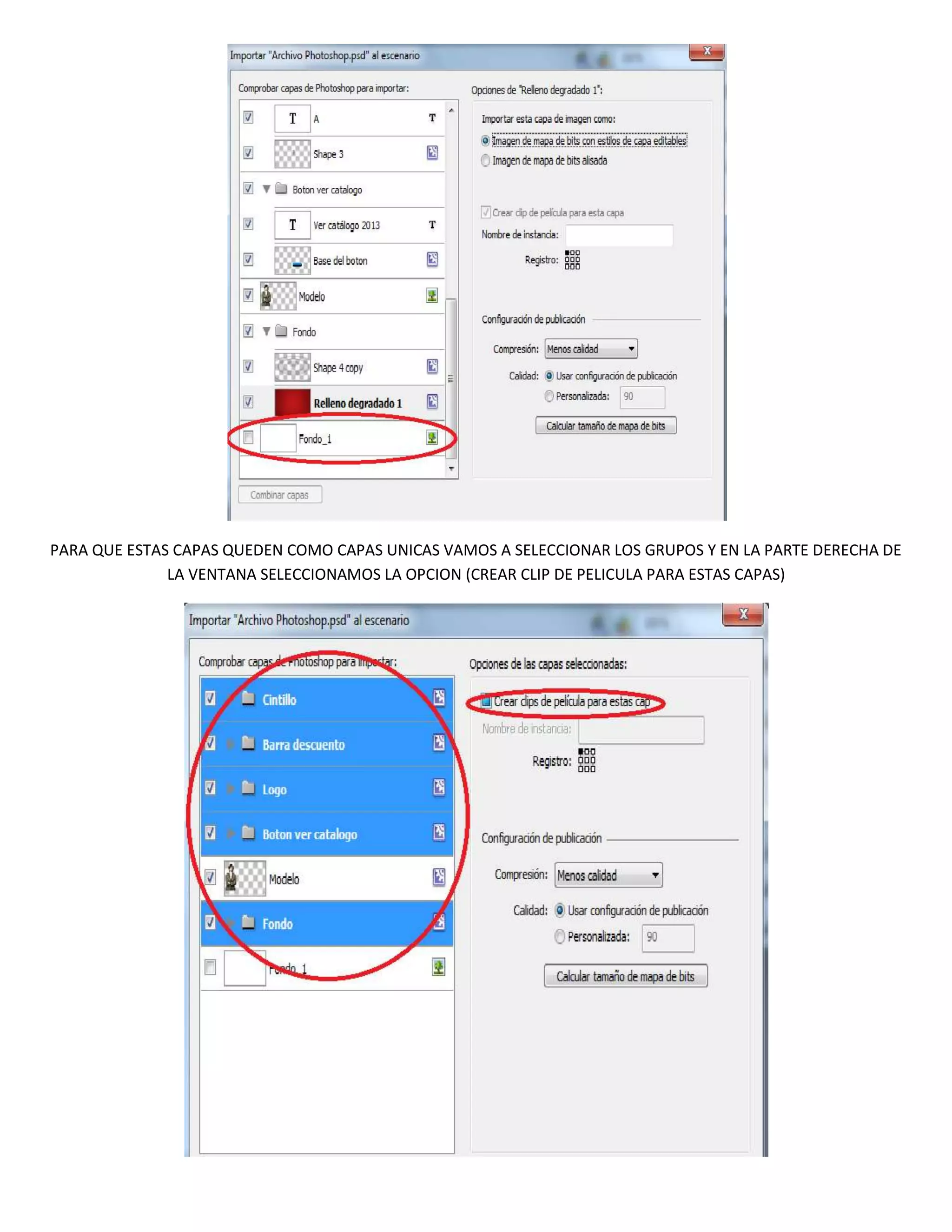 PARA QUE ESTAS CAPAS QUEDEN COMO CAPAS UNICAS VAMOS A SELECCIONAR LOS GRUPOS Y EN LA PARTE DERECHA DE
              LA VENTANA SELECCIONAMOS LA OPCION (CREAR CLIP DE PELICULA PARA ESTAS CAPAS)
 