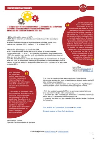10
ÉCOSYSTÈMES ET PARTENARIATS
LE RÉSEAU SATT ET BPIFRANCE SOUTIENNENT LA CROISSANCE DES ENTREPRISES
INNOVANTES ISSUES DE LA RECHERCHE PUBLIQUE FRANÇAISE ET
ONT RÉALISÉ UNE ÉTUDE SUR LA PÉRIODE 2011 - 2017
ÉCOSYSTÈMES ET PARTENARIATS
Contacts Bpifrance : Nathalie Delorme et Garance Dansette
...
Depuis la création des
SATT par le SGPI avec
financement du PIA, le
nombre total des levées de fonds
réalisées par des startups issues
de la recherche publique française a
été multiplié par 15 et s’accompagne
d’une augmentation significative des
montants levés, tout en diminuant
fortement les délais entre la création
de l’entreprise et sa première levée
de fonds. Résolument ancrés sur les
enjeux sociétaux et les technologies
de demain, ces startups en réussite
bénéficient d’un accompagnement
et d’un soutien des SATT et de
Bpifrance tout au long de leur
parcours, accélérant ainsi la
compétitivité et l’excellence
de l’industrie française
• 256 sociétés créées issues de SATT,
• 59 % d’entre elles sont caractérisées comme développant des technologies
Deep Tech,
• Leurs activités/technologies se répartissent en 4 domaines : digital (33 %),
cleantech et ingénierie (30 %), medtech (17 %) et biotech (20 %).
• 125 levées réalisées pour un total de 185,2 M€,
• 38,3 % des entreprises issues des SATT ont réalisé au moins une levée
(moyenne française : 25 %) et 21 % d’entre elles ont réalisées deux levées ou plus,
• 40 % des sociétés ayant levé des fonds ont réalisé leur première levée entre un et
deux ans après leur création,
• Un effet d’accélération est visible : les startups mettent de moins en moins de temps à
lever des fonds, le délai entre la création de l’entreprise et sa première levée a diminué
passant de 2 ans et demi pour les sociétés créées avant 2014 à moins d’un an pour celles
créées en 2016,
Laurent Baly,
Président du Réseau SATT et
Président de la SATT Sud-Est
• Les fonds de capital-risque et d’amorçage (dont Fonds National
d’Amorçage) sont les plus actifs sur les levées des sociétés issues des SATT
(plus fort taux de participation),
• Néanmoins, les montants investis sont en moyenne plus importants pour
les tours de table faisant intervenir des fonds de corporate venture.
• 74 % des sociétés issues de SATT ont eu au moins une aide Bpifrance,
avec une moyenne de 2,7 aides par entreprise,
• L’ensemble des aides accordées par Bpifrance sur l’ensemble des startups
issues des SATT représente un montant de 55,7 M€,
• La majorité des aides sont accordées lors de la première année d’existence
de l’entreprise.
Pour accéder au Communiqué de presse et aux slides
En savoir plus sur la Deep Tech, à visionner
Paul-François Fournier,
Directeur Exécutif Innovation de Bpifrance
Nous décuplons
nos efforts pour
soutenir les entreprises
innovantes françaises et
notamment celles qui
développent des technologies
Deep Tech car elles ont les
clés pour révolutionner notre
économie.
Le lancement du grand plan Deep
Tech correspond à notre volonté de
rapprocher encore davantage
les mondes de la recherche
académique d’excellence et de
la French Tech pour faire émerger
des innovations de rupture
capables de répondre
aux grands enjeux en matière
d’intelligence artificielle, de
santé, d’énergie ou
encore de mobilité.
 
