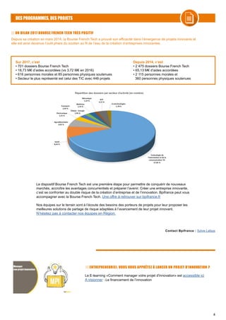 4
DES PROGRAMMES, DES PROJETS
UN BILAN 2017 BOURSE FRENCH TECH TRÈS POSITIF
Depuis sa création en mars 2014, la Bourse French Tech a prouvé son efficacité dans l’émergence de projets innovants et
elle est ainsi devenue l’outil phare du soutien au fil de l’eau de la création d’entreprises innovantes.
Contact Bpifrance : Sylvie Lafaye
Sur 2017, c’est
• 701 dossiers Bourse French Tech
• 18,73 M€ d’aides accordées (vs 3,72 M€ en 2016)
• 616 personnes morales et 85 personnes physiques soutenues
• Secteur le plus représenté est celui des TIC avec 446 projets
Depuis 2014, c’est
• 2 475 dossiers Bourse French Tech
• 65,13 M€ d’aides accordées
• 2 115 personnes morales et
360 personnes physiques soutenues
Le dispositif Bourse French Tech est une première étape pour permettre de conquérir de nouveaux
marchés, accroître les avantages concurrentiels et préparer l’avenir. Créer une entreprise innovante,
c’est se confronter au double risque de la création d’entreprise et de l’innovation. Bpifrance peut vous
accompagner avec la Bourse French Tech. Une offre à retrouver sur bpifrance.fr
Nos équipes sur le terrain sont à l’écoute des besoins des porteurs de projets pour leur proposer les
meilleures solutions de partage de risque adaptées à l’avancement de leur projet innovant.
N’hésitez pas à contacter nos équipes en Région.
Le E-learning «Comment manager votre projet d'innovation» est accessible ici
A visionner : Le financement de l’innovation
ENTREPRENEUR(E), VOUS VOUS APPRÊTEZ À LANCER UN PROJET D'INNOVATION ?
 