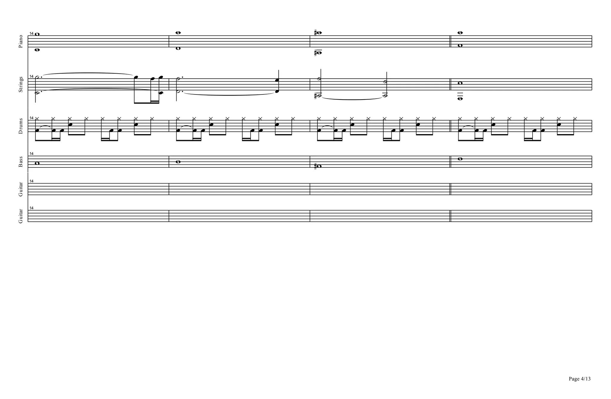 Piano
14
=
=
=
=
=D
=D
=
=
Strings
14
A
A B B
B
B
A
A
B
B
AD
A
A
A
=
=
Drums
14
B
^
B
^
B B^ ^ ^
B B
^ B^ ^
B
^
B
^
B B^ ^ ^
B B
^ B^ ^
B
^
B
^
B B^ ^ ^
B B
^ B^ ^
B
^
B
^
B B^ ^ ^
B B
^ B^ ^
Bass
14
= = =D
=
Guitar
14
Page 4/13
Guitar
14
 