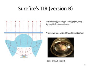 Surefire’s TIR (version B)

             Methodology: A large, strong spot, very
             light spill (for tactical use)


             Protective lens with diffuse film attached




              Lens are AR-coated
                                                          36
 