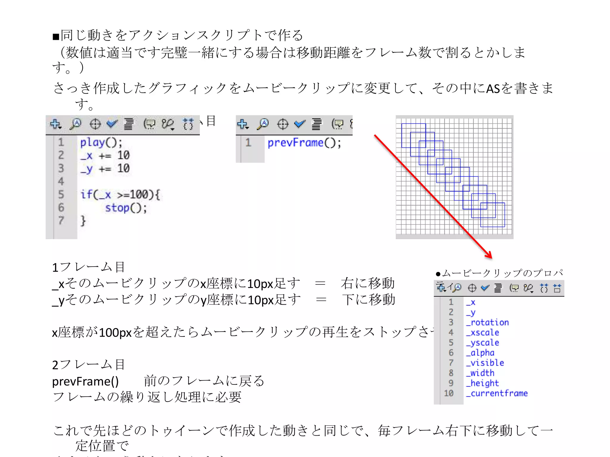 ■同じ動きをアクションスクリプトで作る
（数値は適当です完璧一緒にする場合は移動距離をフレーム数で割るとかしま
す。）
さっき作成したグラフィックをムービークリップに変更して、その中にASを書きま
   す。
●1フレーム目●2フレーム目




1フレーム目                          ●ムービークリップのプロパ
_xそのムービクリップのx座標に10px足す ＝ 右に移動   ティ
_yそのムービクリップのy座標に10px足す ＝ 下に移動

x座標が100pxを超えたらムービークリップの再生をストップさせる

2フレーム目
prevFrame() 前のフレームに戻る
フレームの繰り返し処理に必要

これで先ほどのトゥイーンで作成した動きと同じで、毎フレーム右下に移動して一
  定位置で
 