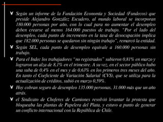 Según un informe de la Fundación Economía y Sociedad (Fundecos) que preside Alejandro González Escudero, al mundo laboral se incorporan 180.000 personas por año, con lo cual para no aumentar el desempleo deben crearse al menos 164.000 puestos de trabajo. “Por el lado del desempleo, cada punto de incremento en la tasa de desocupación implica que 182.000 personas se quedaron sin ningún trabajo”, remarcó la entidad.   Según SEL, cada punto de desempleo equivale a 160.000 personas sin trabajo. Para el Indec los trabajadores “no registrados” subieron 0,81% en marzo y lograron un alza de 8,1% en el trimestre. A su vez, en el sector público hubo una suba de 0,4% en el mes y de 0,63% en los primeros tres meses del año. En tanto el Coeficiente de Variación Salarial (CVS), que se utiliza para la actualización de créditos, subió en marzo 0,59%. Hoy cobran seguro de desempleo 135.000 personas, 31.000 más que un año atrás.   el Sindicato de Choferes de Camiones resolvió levantar la protesta que bloqueaba las plantas de Papelera del Plata, y estuvo a punto de generar un conflicto internacional con la República de Chile. 