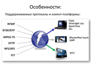 Adobe® Flash® Media Streaming Server - доступное решение для перехода от прогрессивной загрузки к потоковой передаче видеоконтента.Обеспечивает потоковую передачу контента в режиме реального времени (LIVE) и по запросу(VOD) на различные платформы и устройства. Особенности:Трансляция мультимедийного контентапопротоколуAdobe’s Real-Time Messaging Protocol (RTMP)Поддерживаемые форматы: flv, f4v, mp4, m4v, 3gpp и mp3Dynamic streamingВстроенный HTTP сервер