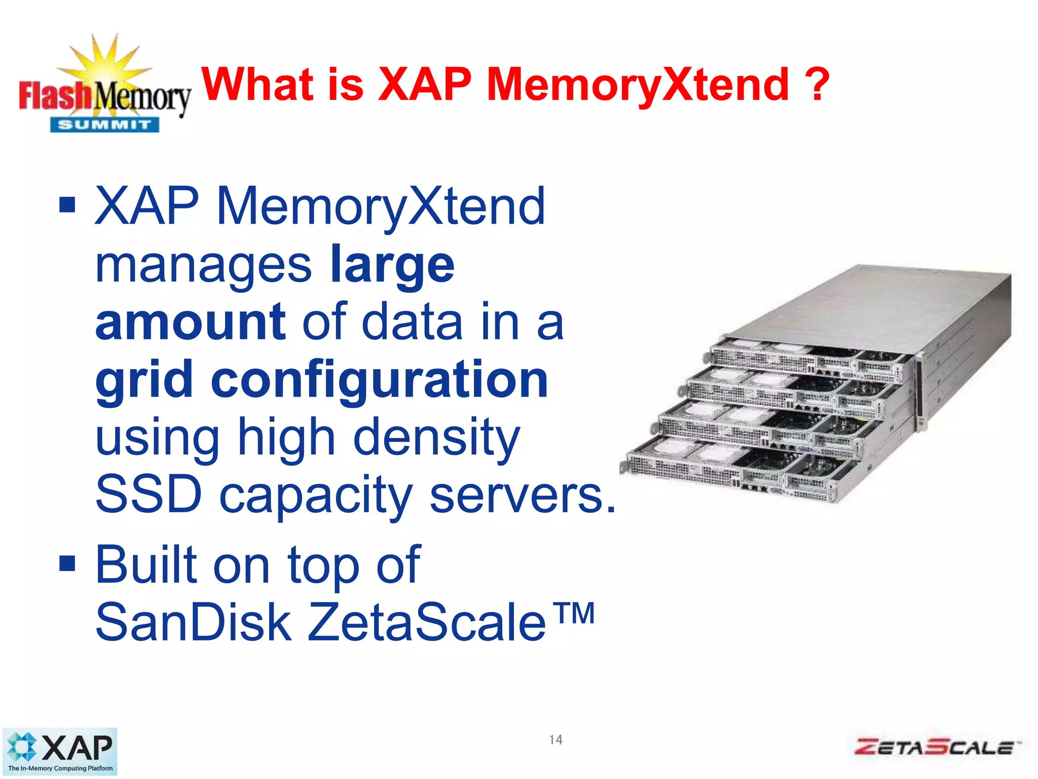 What is XAP MemoryXtend ?
 XAP MemoryXtend
manages large
amount of data in a
grid configuration
using high density
SSD capacity servers.
 Built on top of
SanDisk ZetaScale™
14
 