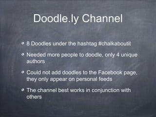 Doodle.ly Channel

8 Doodles under the hashtag #chalkaboutit

Needed more people to doodle, only 4 unique
authors

Could not add doodles to the Facebook page,
they only appear on personal feeds

The channel best works in conjunction with
others
 