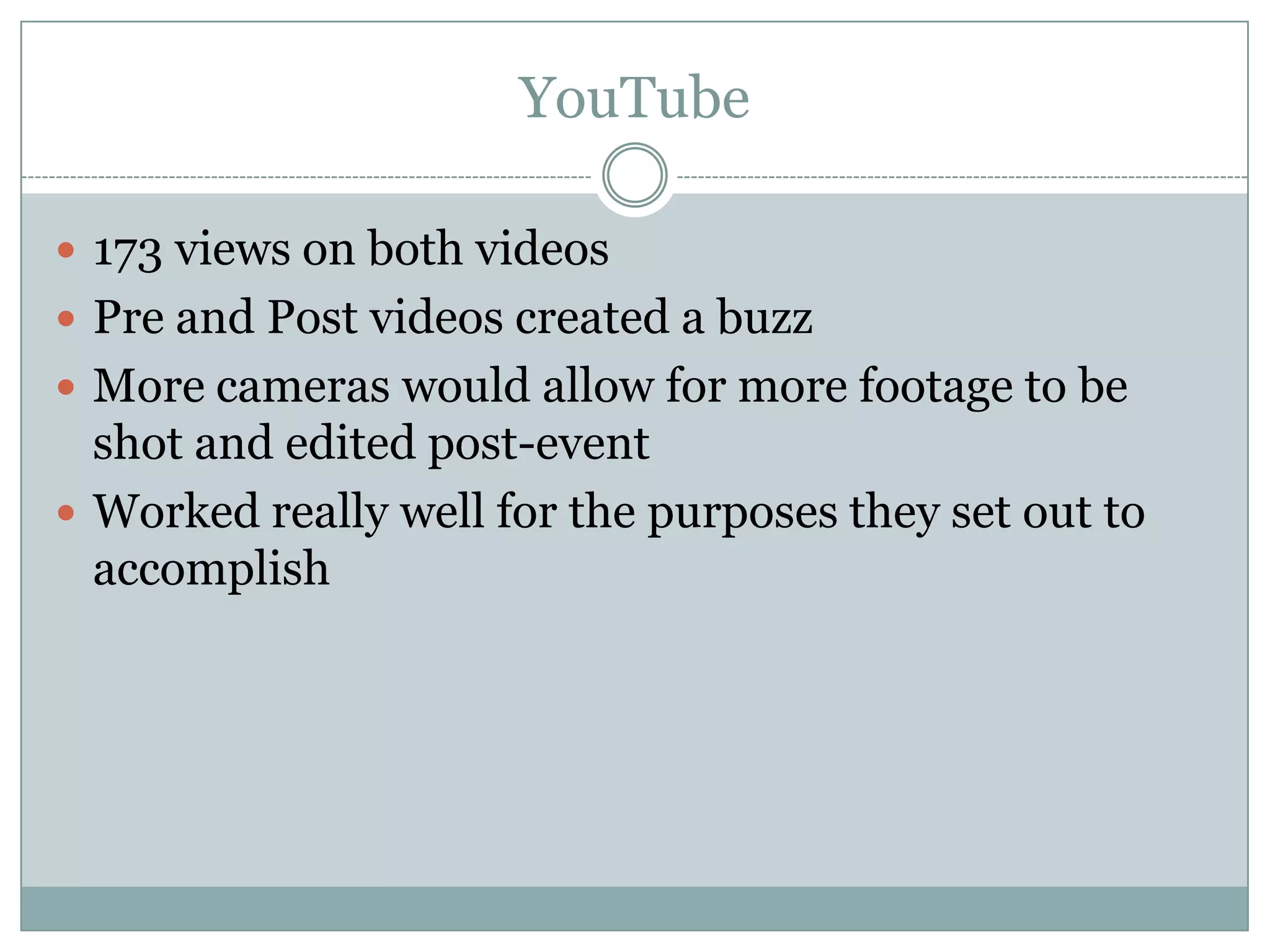 YouTube

 173 views on both videos
 Pre and Post videos created a buzz
 More cameras would allow for more footage to be
  shot and edited post-event
 Worked really well for the purposes they set out to
  accomplish
 