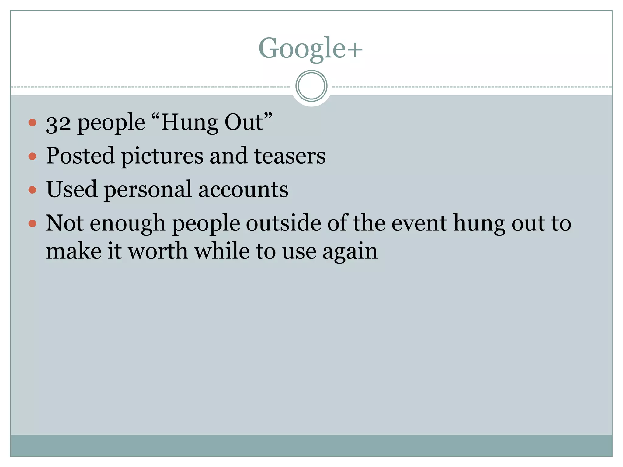 Google+

 32 people “Hung Out”
 Posted pictures and teasers
 Used personal accounts
 Not enough people outside of the event hung out to
 make it worth while to use again
 
