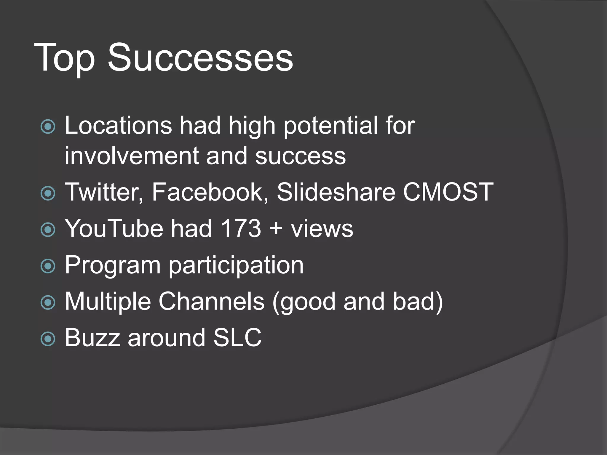 Top Successes
 Locations had high potential for
  involvement and success
 Twitter, Facebook, Slideshare CMOST
 YouTube had 173 + views
 Program participation
 Multiple Channels (good and bad)
 Buzz around SLC
 