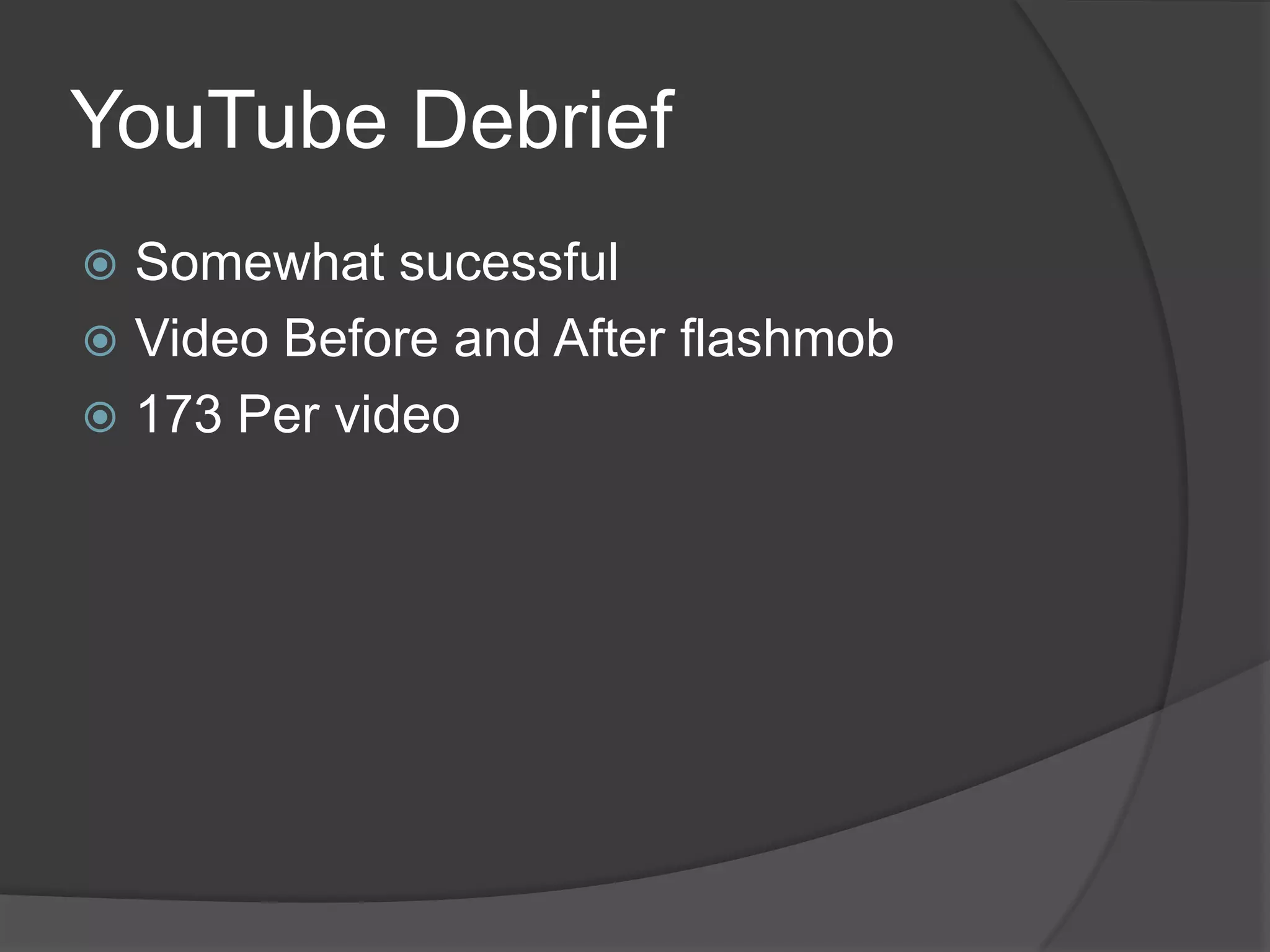 YouTube Debrief
 Somewhat sucessful
 Video Before and After flashmob
 173 Per video
 