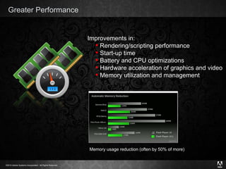 Greater Performance Improvements in: Rendering/scripting performance Start-up time  Battery and CPU optimizations Hardware acceleration of graphics and video Memory utilization and management Memory usage reduction (often by 50% of more) 