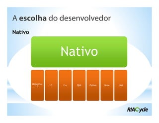 A escolha do desenvolvedor
Nativo


                          Nativo

         Objective-
                      C   C++   QNX   Python   Brew   .Net
             C
 
