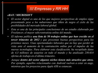 III Empresas y RR HH
eBAY / MICROSOFT
• El sector digital es uno de los que mejores perspectivas de empleo sigue
  presentando pese a los nubarrones que tiñen de negro el cielo de las
  posibilidades del mercado laboral global.
• Esta es una de las principales conclusiones de un estudio elaborado por
  Freelancer, el mayor subcrontratista online del mundo.
• El informe publica una lista de 50 trabajos online que han crecido en el
  tercer trimestre de 2012 y que presentan buenas perspectivas para los
  próximos meses. Unas oportunidades laborales que no hay que perder de
  vista ante el aumento de la contratación online por el impulso de las
  nuevas tecnologías. Para elaborar esta clasificación, ha recopilado datos
  de 4,3 millones de usuarios en todo el mundo y ha analizado 230.614
  ofertas de trabajo en el último trimestre.
• Aunque dentro del sector algunos nichos tienen más atractivo que otros.
  Por ejemplo, aquellos relacionados con Android vuelven a estar en auge,
  mientras que los proyectos para Apple iOS se estancan.
 